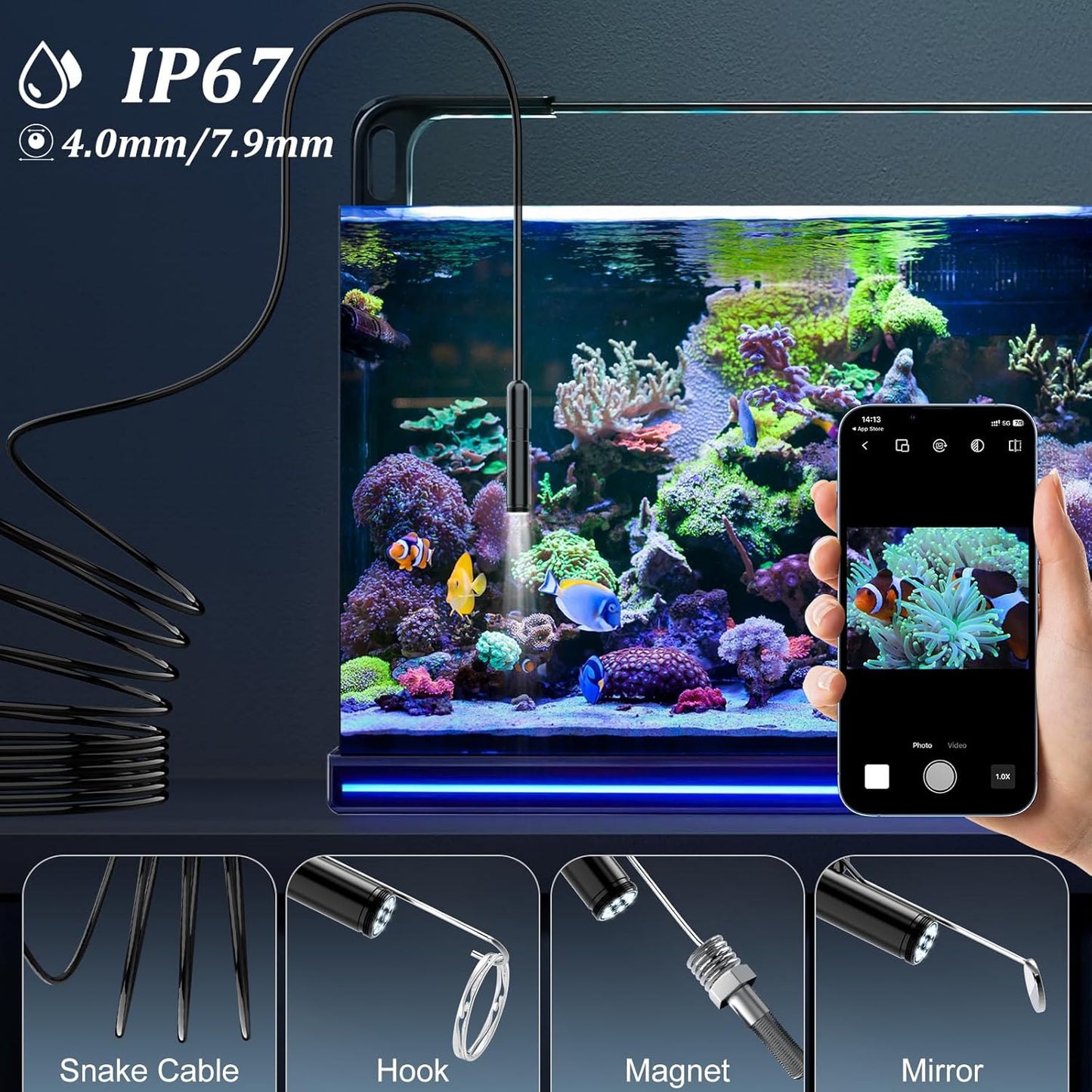 Endoscope Inspection Camera, Ennovor 1920 HD Flexible Rigid Snake Camera, 8 LED Lights No WiFi Snake Camera Waterproof IP67 Tube Sink Pipe Drain Camera for Android iOS Tablet Samsung (16.4 ft/ 5m)