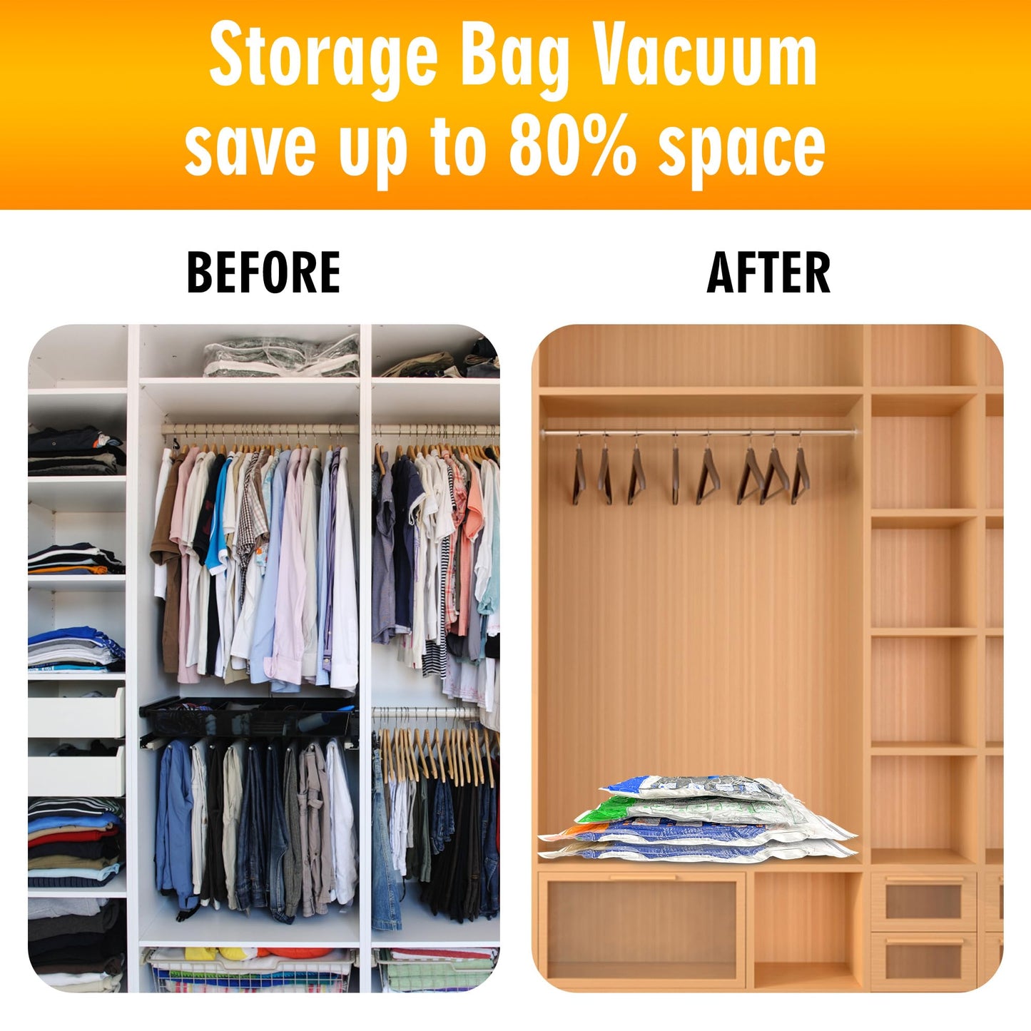 Storage Master Space Saver Bags for Travel and Home Reusable Vacuum Storage Bags Save 80% More Storage Space Work with Vacuum Cleaner (9 Combo, No Pump Included)