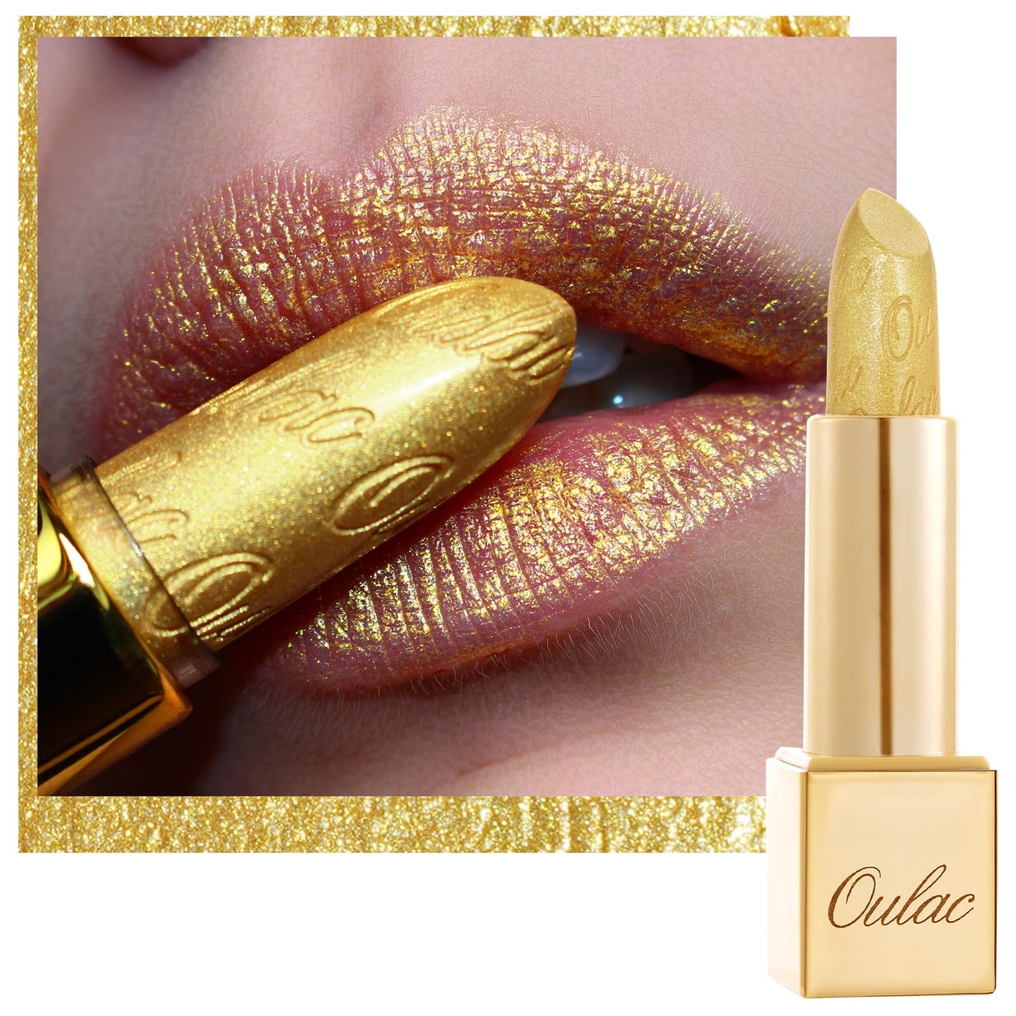 OULAC Metallic Shine Glitter Lipstick, Nude High Impact Lipcolor, Lightweight Soft and Ultra Hydrating, Long Lasting, Vegan & Cruelty-Free, Full-Coverage Lip Color 4.3 g/0.15 Sahara Gold(10)