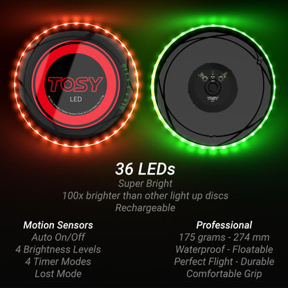 TOSY Flying Disc - 16 Million Color RGB LEDs, Extremely Bright, Smart Modes, Auto Light Up, Rechargeable, Waterproof, Birthday, Camping Gift, 175g Frisbee
