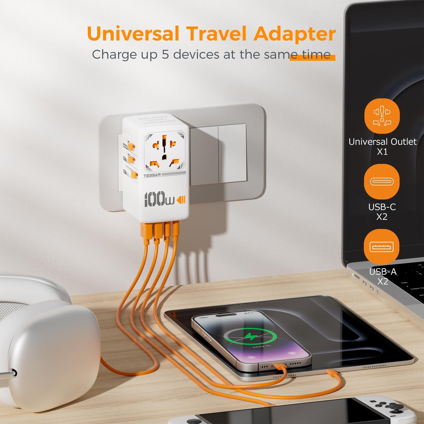 TESSAN Universal Travel Adapter Worldwide with 2 USB C and 2 USB A Ports, Universal Plug Adaptor UK to World, International Travel Adapter for Multi Countries EU, USA, UK, Australia, Thailand etc.