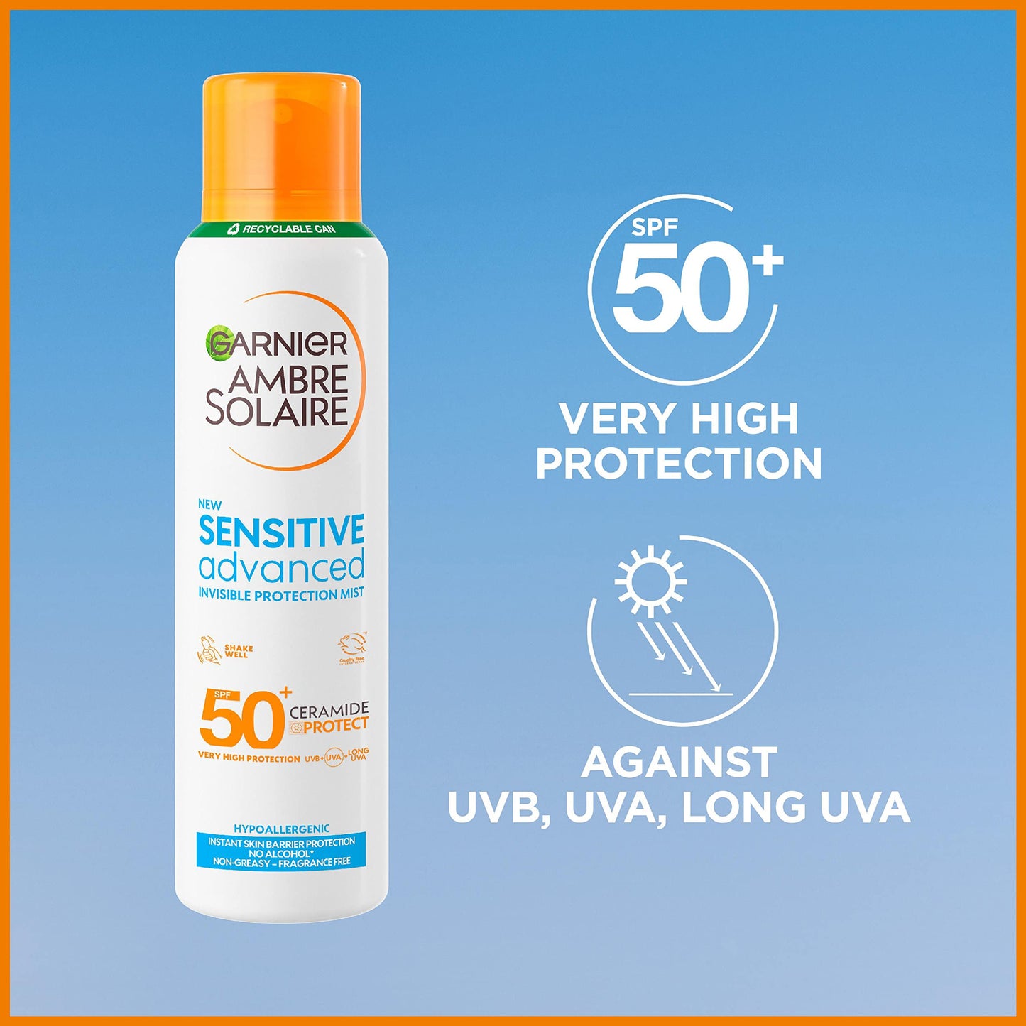 Garnier Ambre Solaire SPF 50+ Sensitive Advanced Dry Mist Sun Cream Spray, Water Resistant & Non Greasy Sunscreen, Fragrance Free, UVA & UVB Protection, Approved by Cruelty Free International, 150ml