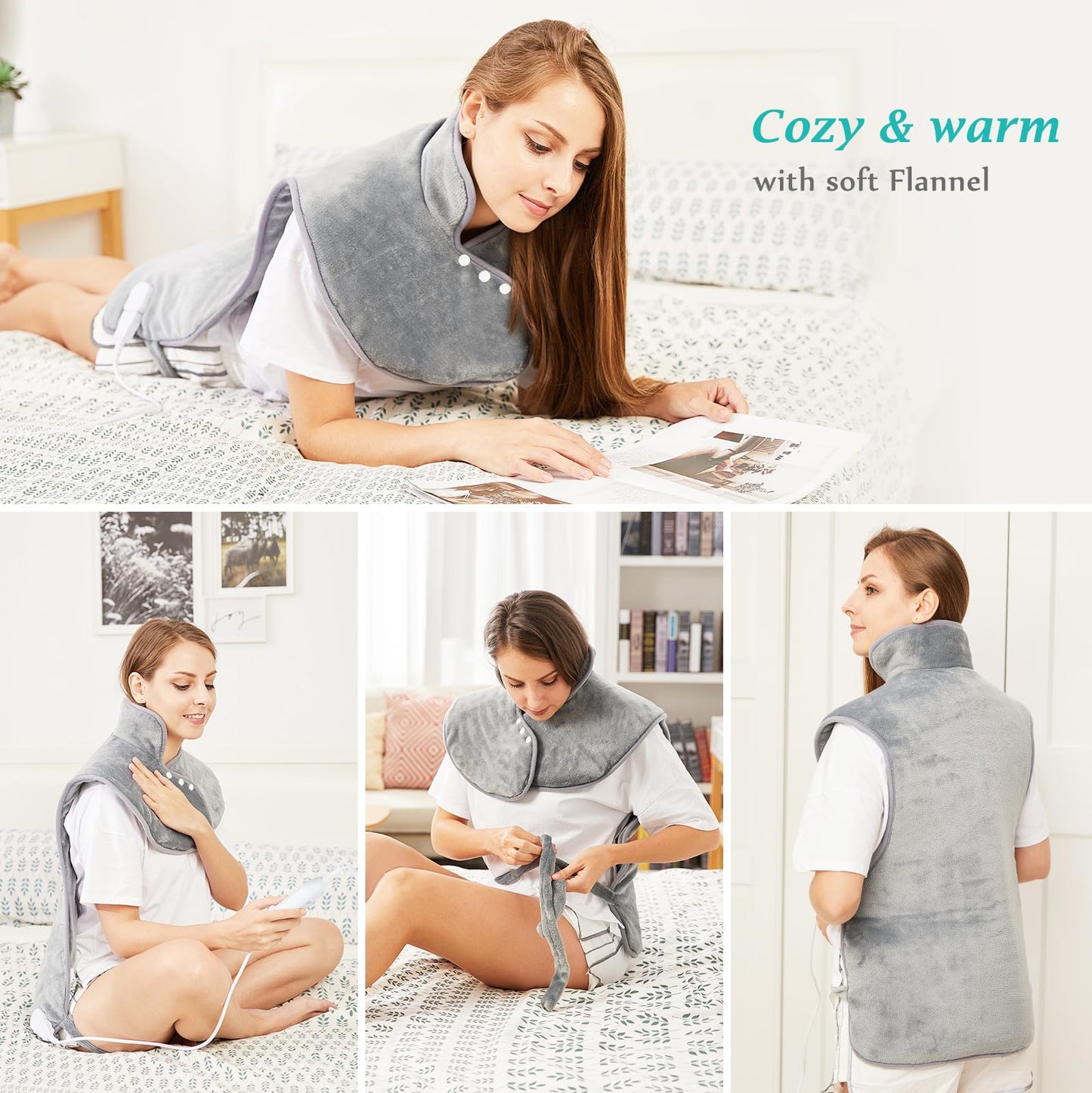 Electric Heating Pad for Back Pain Relief, Neck and Shoulders (60x100cm) Fast-Heat Heated Warmer with Waist Strap, 6 Heat Levels, Auto-Off Timer, Mia&Coco - Comfort Grey