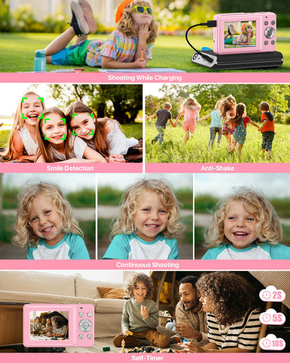 1080P FHD Compact Digital Camera 44MP – Mini Portable Vlogging Camera with 2.4" LCD, 16X Zoom, Battery Included (Pink, No SD Card)