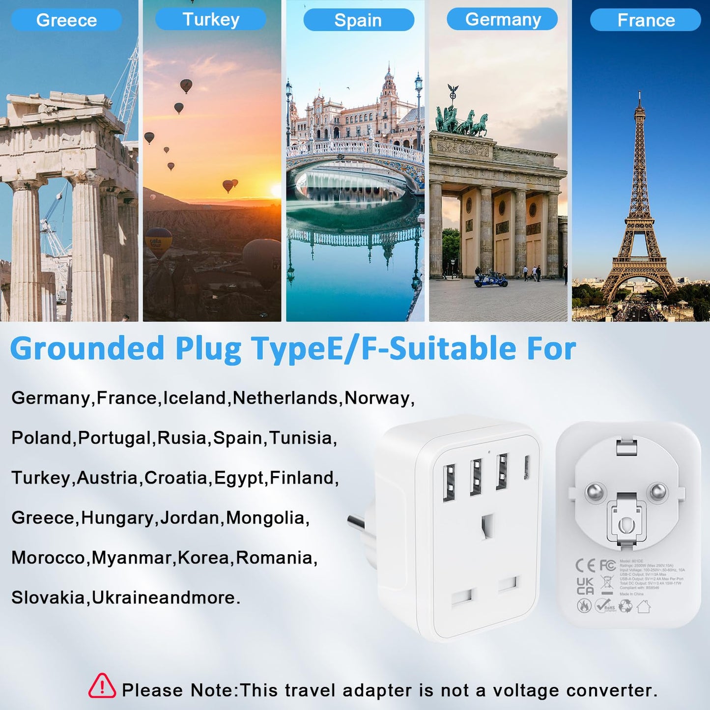 European to uk plug adapter,travel adapter UK to European Plug with 1*USB C & 3*USB A Ports,European Travel Adapter for Germany Spain France Turkey Greece Iceland(Type E/F) (Grey Travel adapter)