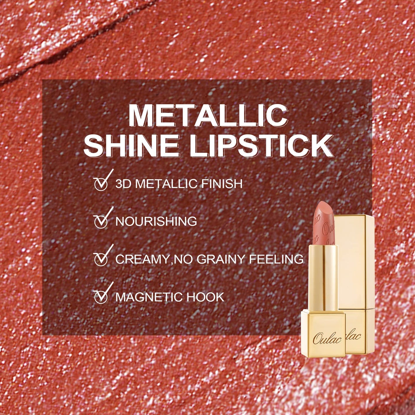 OULAC Metallic Shine Glitter Lipstick, Nude High Impact Lipcolor, Lightweight Soft and Ultra Hydrating, Long Lasting, Vegan & Cruelty-Free, Full-Coverage Lip Color 4.3 g/0.15 Sahara Gold(10)