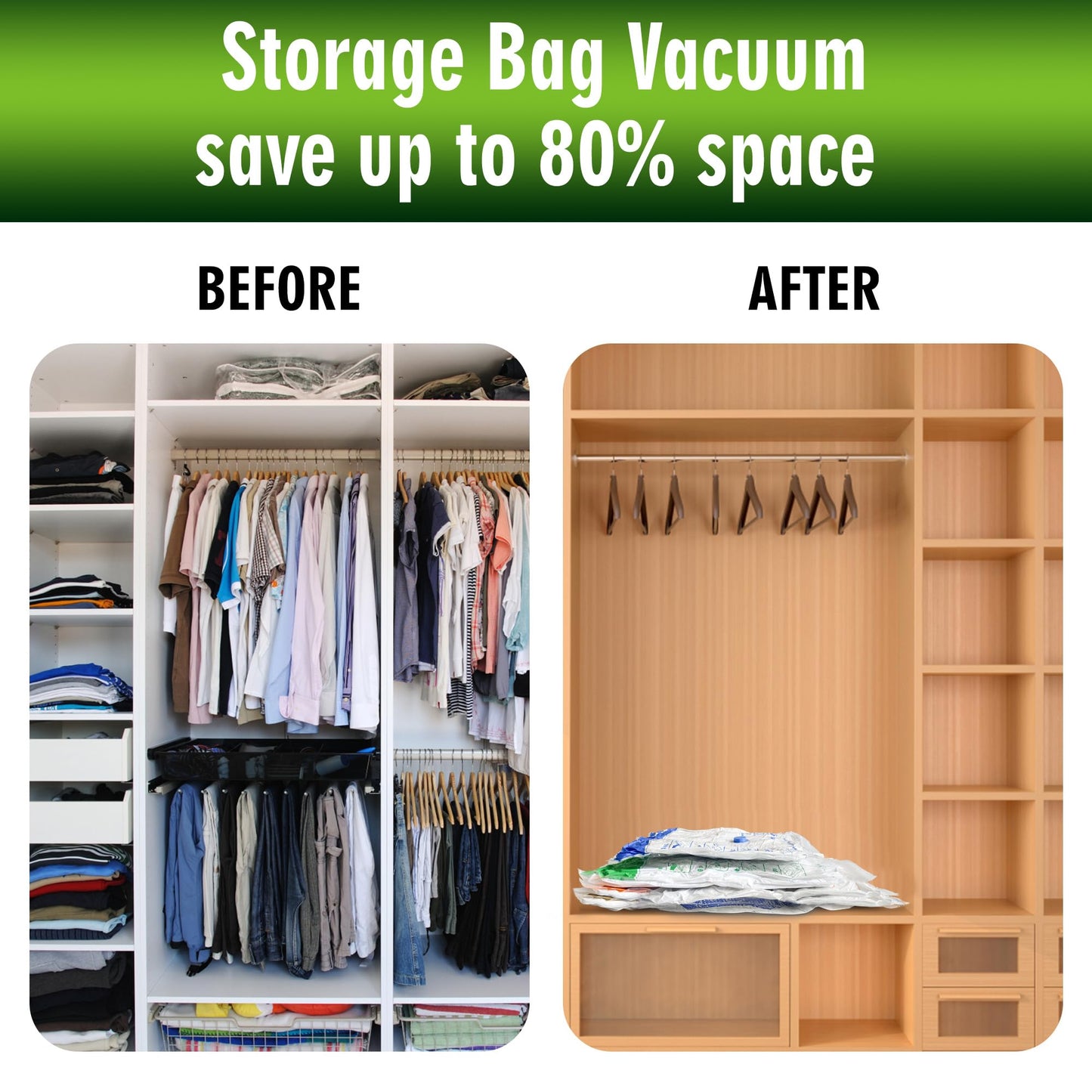 Storage Master Space Saver Bags for Travel and Home Reusable Vacuum Storage Bags Save 80% More Storage Space Work with Vacuum Cleaner (9 Combo, No Pump Included)