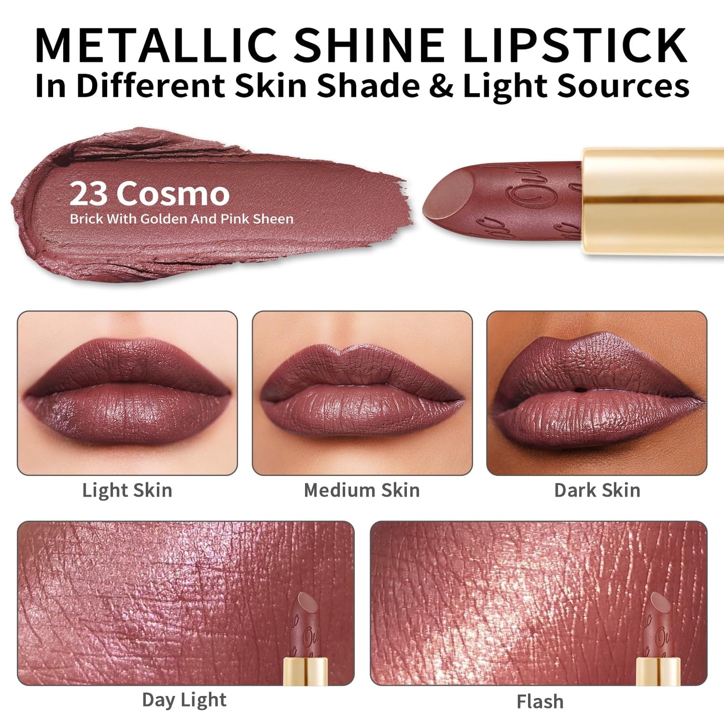 OULAC Metallic Shine Glitter Lipstick, Nude High Impact Lipcolor, Lightweight Soft and Ultra Hydrating, Long Lasting, Vegan & Cruelty-Free, Full-Coverage Lip Color 4.3 g/0.15 Sahara Gold(10)