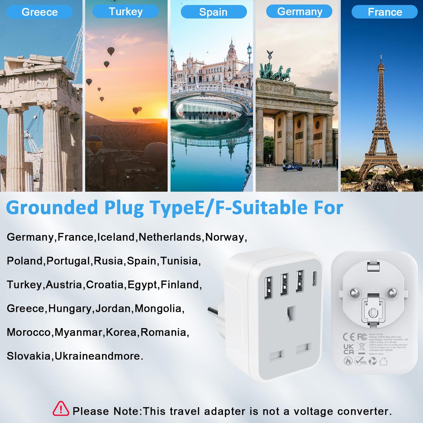 European to uk plug adapter,travel adapter UK to European Plug with 1*USB C & 3*USB A Ports,European Travel Adapter for Germany Spain France Turkey Greece Iceland(Type E/F) (Grey Travel adapter)