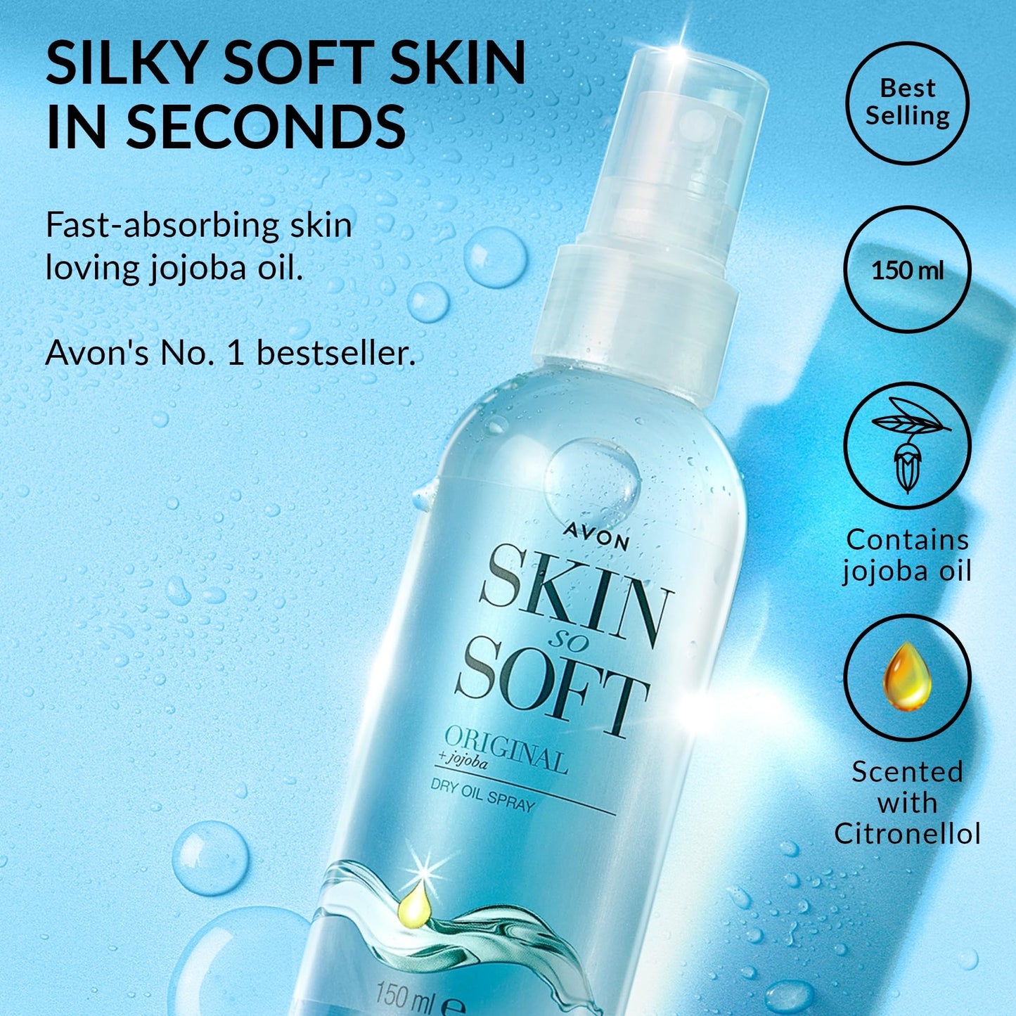 Avon Skin So Soft Dry Oil Spray 150ml | Locks in Moisture | Formulated with Jojoba Oil and Vitamin E | Quick Dry Formula | Cruelty Free