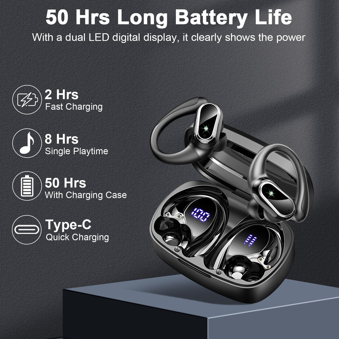 Wireless Earbuds, Wireless Headphones Stereo Noise Cancelling Earbuds with Mic, 50H Bluetooth 5.3 Headphones Dual LED Display, Sport Ear Buds with EarHooks, IP7 Waterproof Wireless Earphones Running