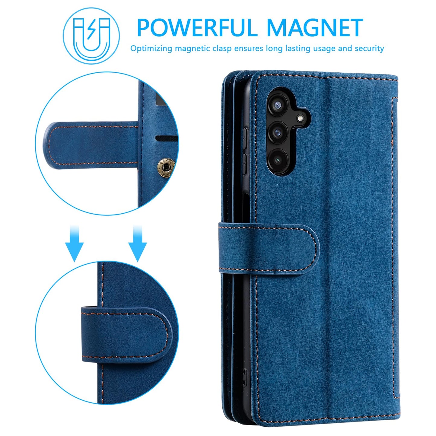 UEEBAI Wallet Case for Samsung Galaxy A15 4G/5G, Retro 9 Card Holder Slots Zipper Pocket Handbag Case PU Leather Magnetic Closure Kickstand with Wrist Strap TPU Shockproof Flip Case - Black