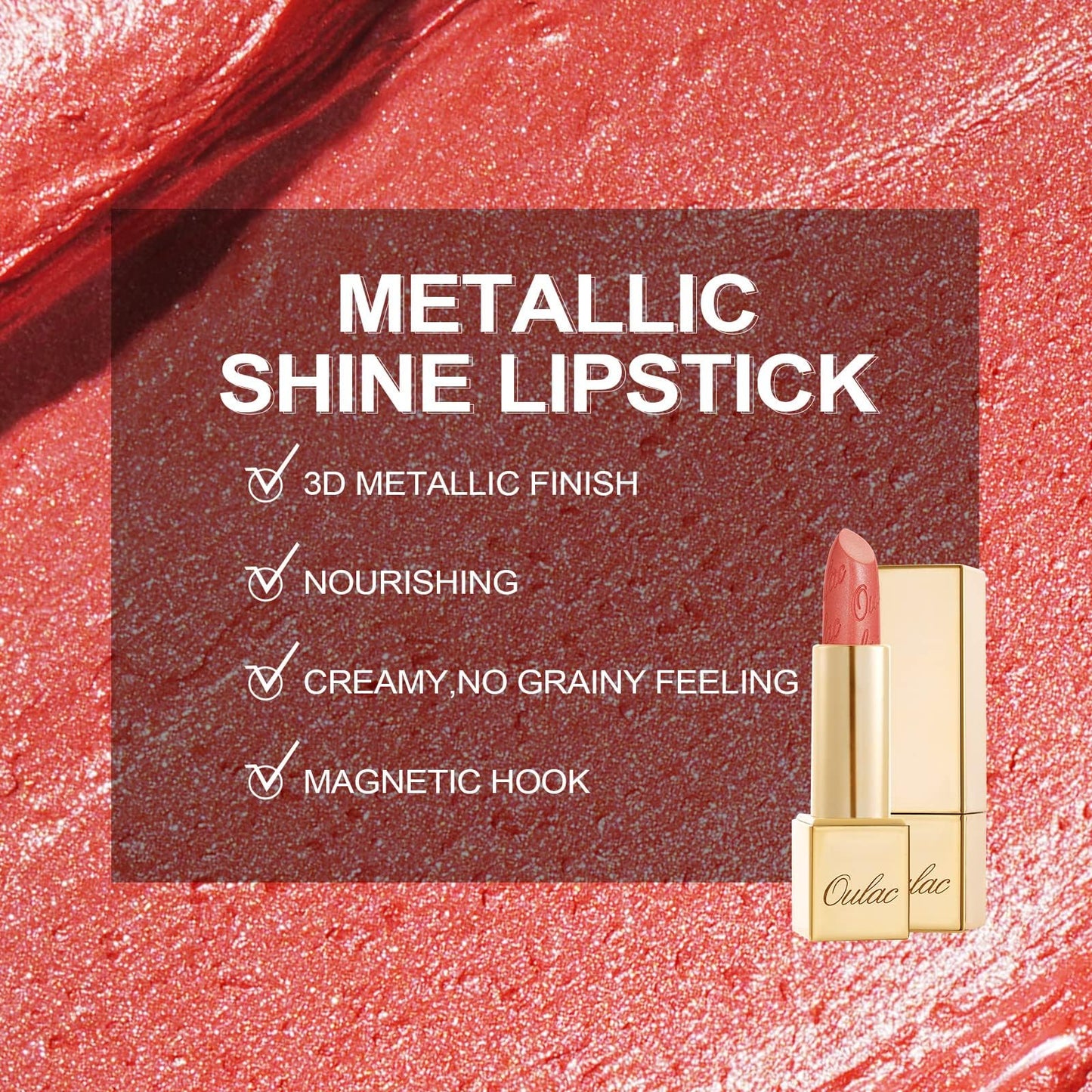 OULAC Metallic Shine Glitter Lipstick, Nude High Impact Lipcolor, Lightweight Soft and Ultra Hydrating, Long Lasting, Vegan & Cruelty-Free, Full-Coverage Lip Color 4.3 g/0.15 Sahara Gold(10)