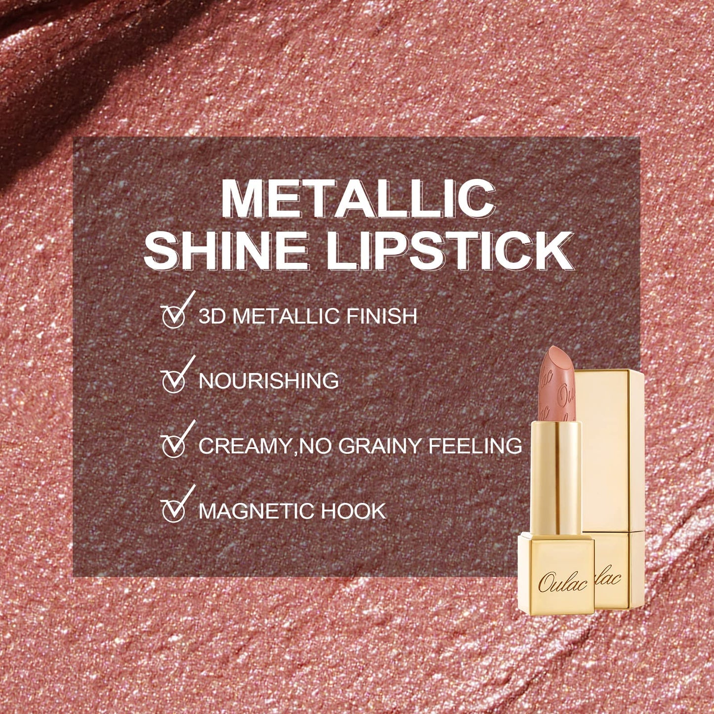 OULAC Metallic Shine Glitter Lipstick, Nude High Impact Lipcolor, Lightweight Soft and Ultra Hydrating, Long Lasting, Vegan & Cruelty-Free, Full-Coverage Lip Color 4.3 g/0.15 Sahara Gold(10)