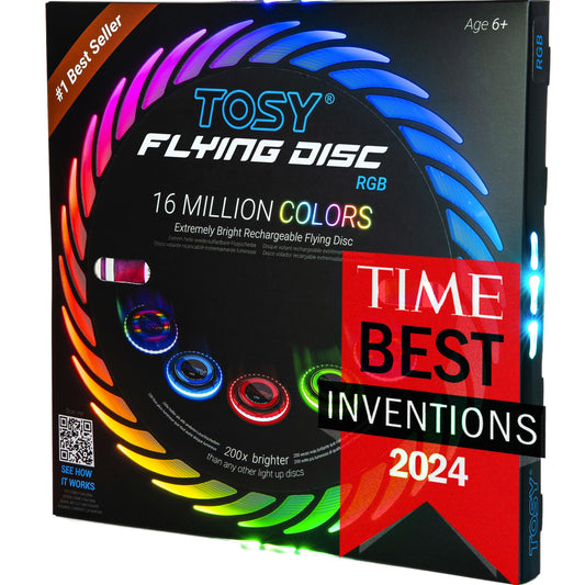 TOSY Flying Disc - 16 Million Color RGB LEDs, Extremely Bright, Smart Modes, Auto Light Up, Rechargeable, Waterproof, Birthday, Camping Gift, 175g Frisbee