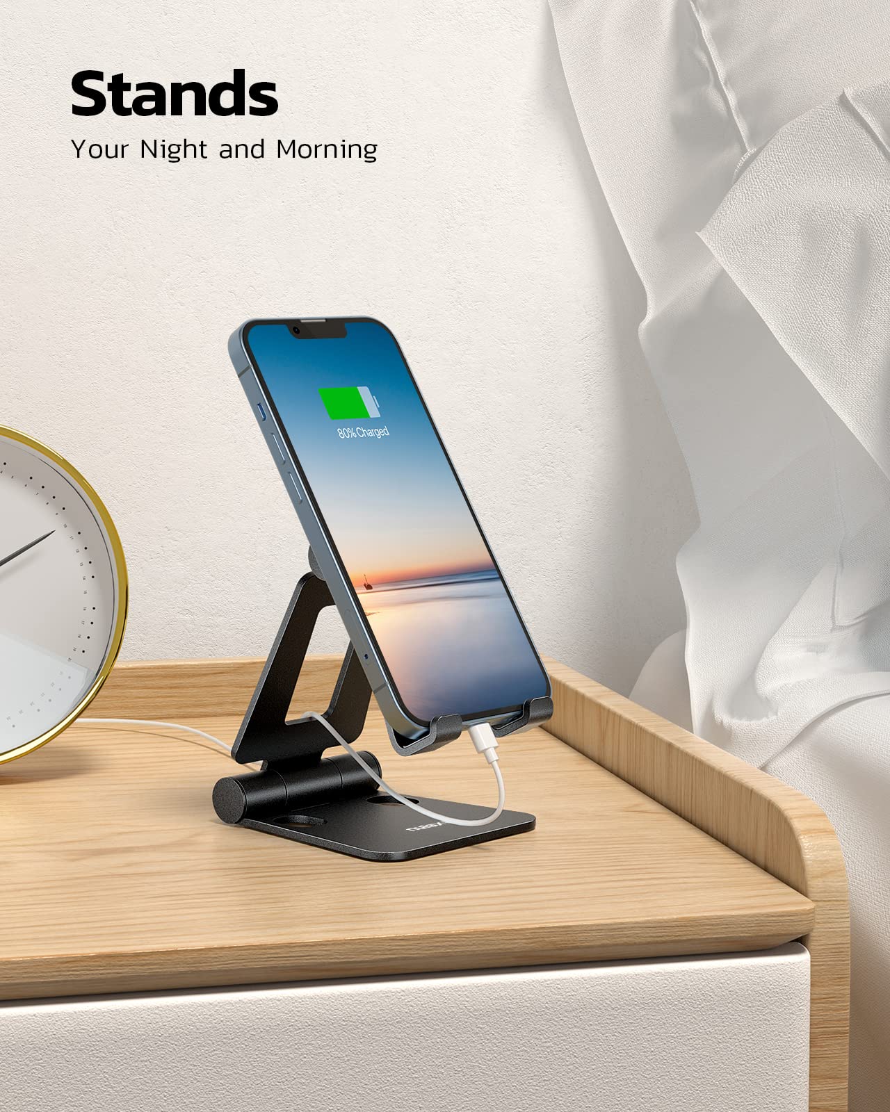 NULAXY Phone Stand, Fully Foldable Angle Height Adjustable Mobile Phone Holder Stand Dock Aluminum Desk Compatible with iPhone 15 14 13 12 11 Pro Max XR X 8, HUAWEI, Galaxy, All Phones - Black