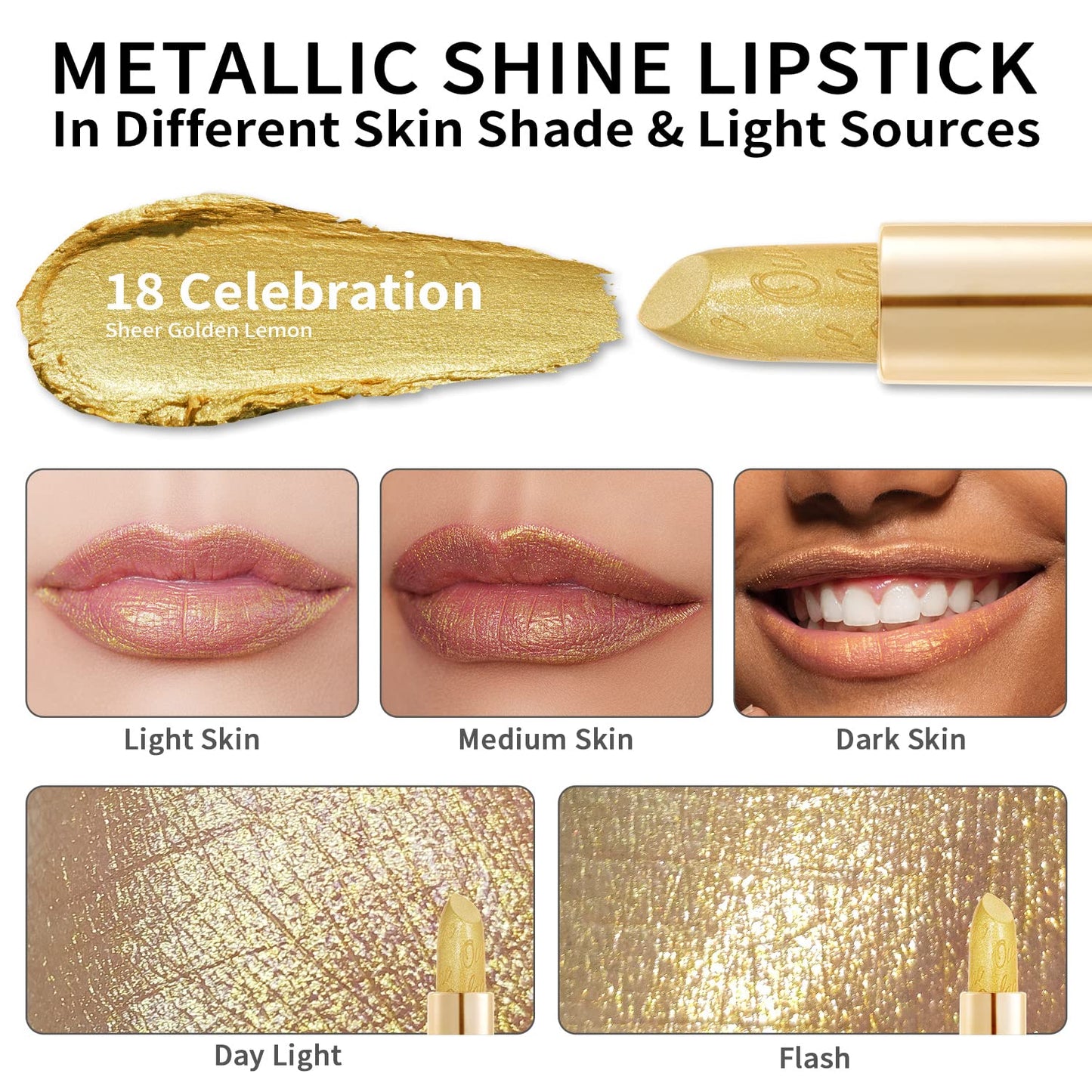 OULAC Metallic Shine Glitter Lipstick, Nude High Impact Lipcolor, Lightweight Soft and Ultra Hydrating, Long Lasting, Vegan & Cruelty-Free, Full-Coverage Lip Color 4.3 g/0.15 Sahara Gold(10)