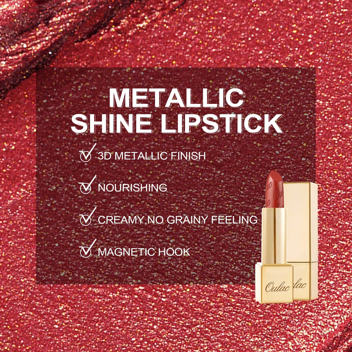 OULAC Metallic Shine Glitter Lipstick, Nude High Impact Lipcolor, Lightweight Soft and Ultra Hydrating, Long Lasting, Vegan & Cruelty-Free, Full-Coverage Lip Color 4.3 g/0.15 Sahara Gold(10)