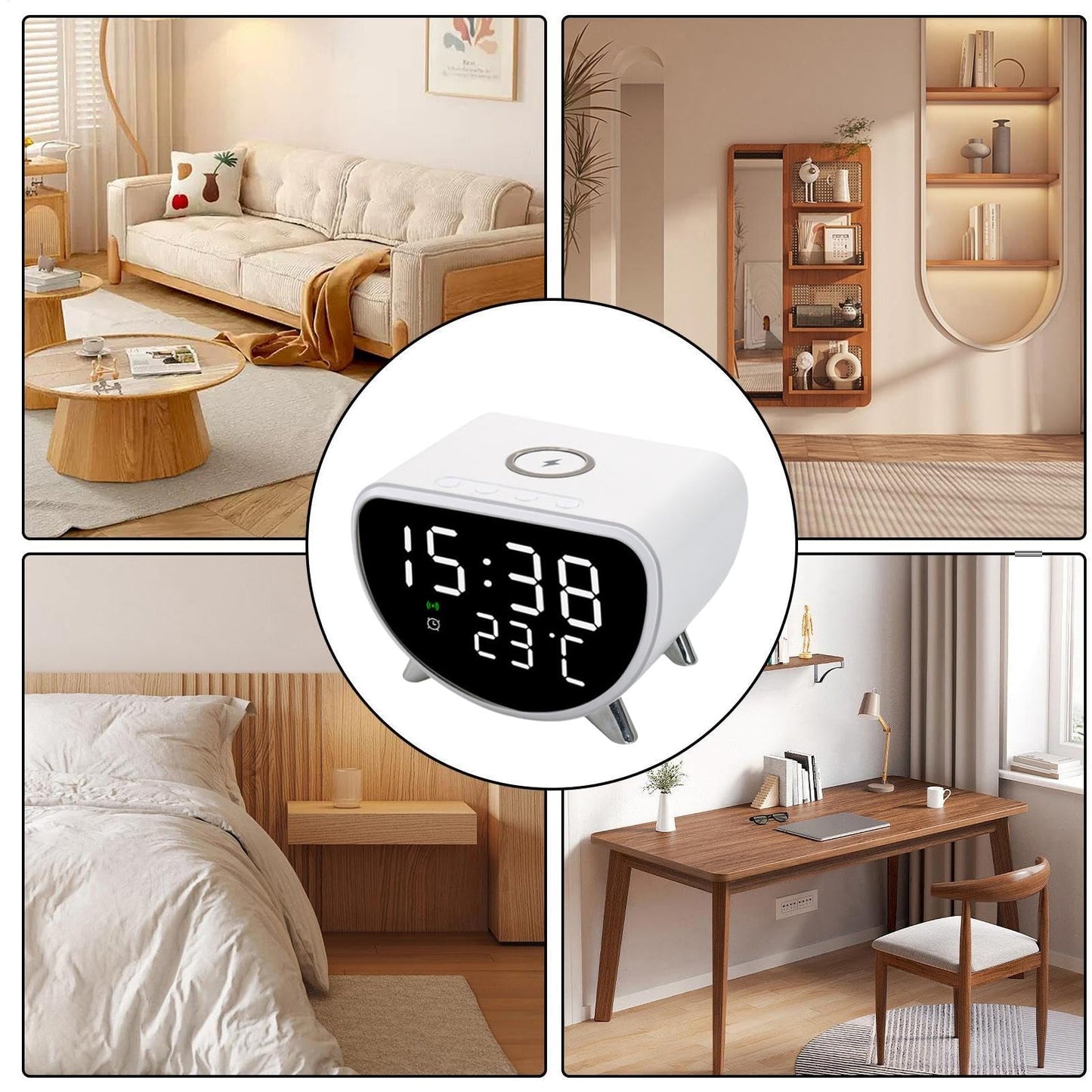 Desk Clock with Wireless Charging - Desk LED Alarm Clock with Temperature Meter | 15W Fast Wireless Charger Station, Sleep Timer for Bedroom, Desk