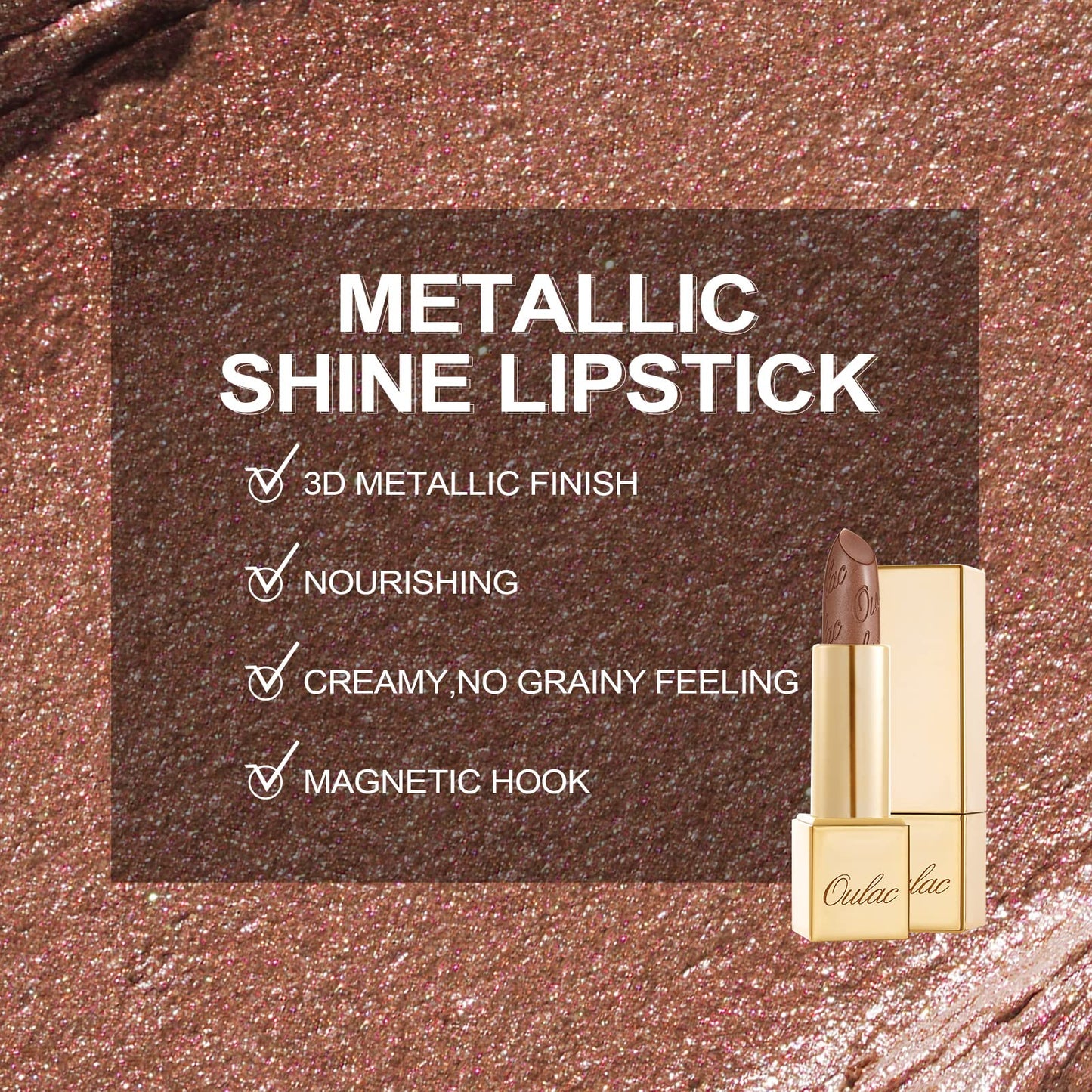 OULAC Metallic Shine Glitter Lipstick, Nude High Impact Lipcolor, Lightweight Soft and Ultra Hydrating, Long Lasting, Vegan & Cruelty-Free, Full-Coverage Lip Color 4.3 g/0.15 Sahara Gold(10)