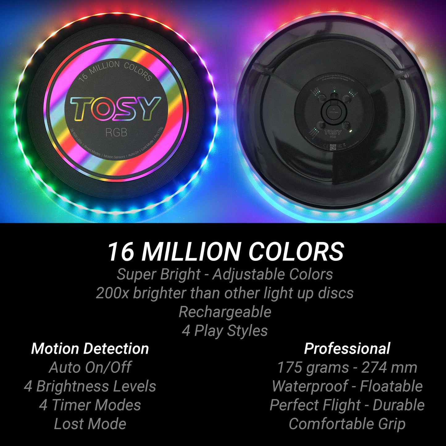 TOSY Flying Disc - 16 Million Color RGB LEDs, Extremely Bright, Smart Modes, Auto Light Up, Rechargeable, Waterproof, Birthday, Camping Gift, 175g Frisbee