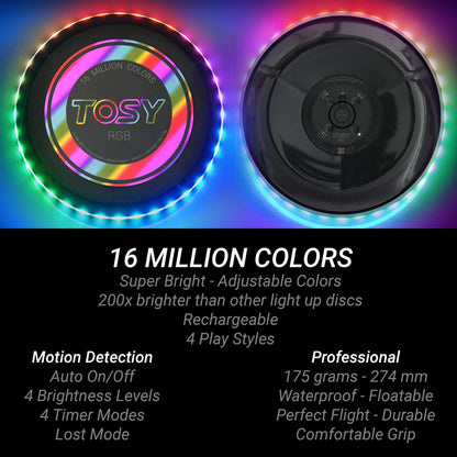 TOSY Flying Disc - 16 Million Color RGB LEDs, Extremely Bright, Smart Modes, Auto Light Up, Rechargeable, Waterproof, Birthday, Camping Gift, 175g Frisbee