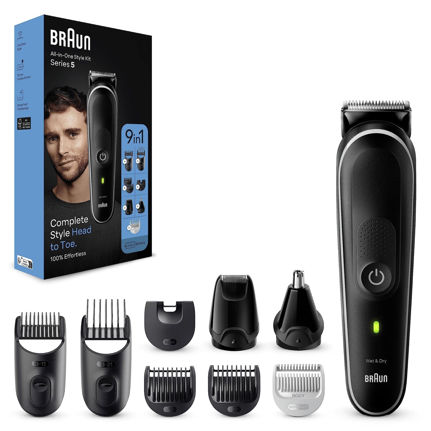 Braun 10-in-1 All-in-One Style Kit Series 5, Male Grooming Kit With Beard Trimmer, Hair Clippers, Nose and Ear Trimmer & Precision Trimmer, Gifts for Men, UK 2 Pin Plug, MGK5445, Black