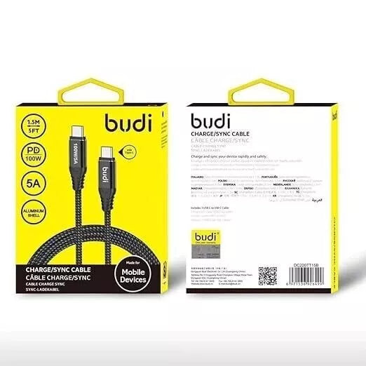 BUDI USB C TO C FAST RAPID CHARGING 100WPD BRAIDED CABLE 1.5M ALUMINUM SHELL