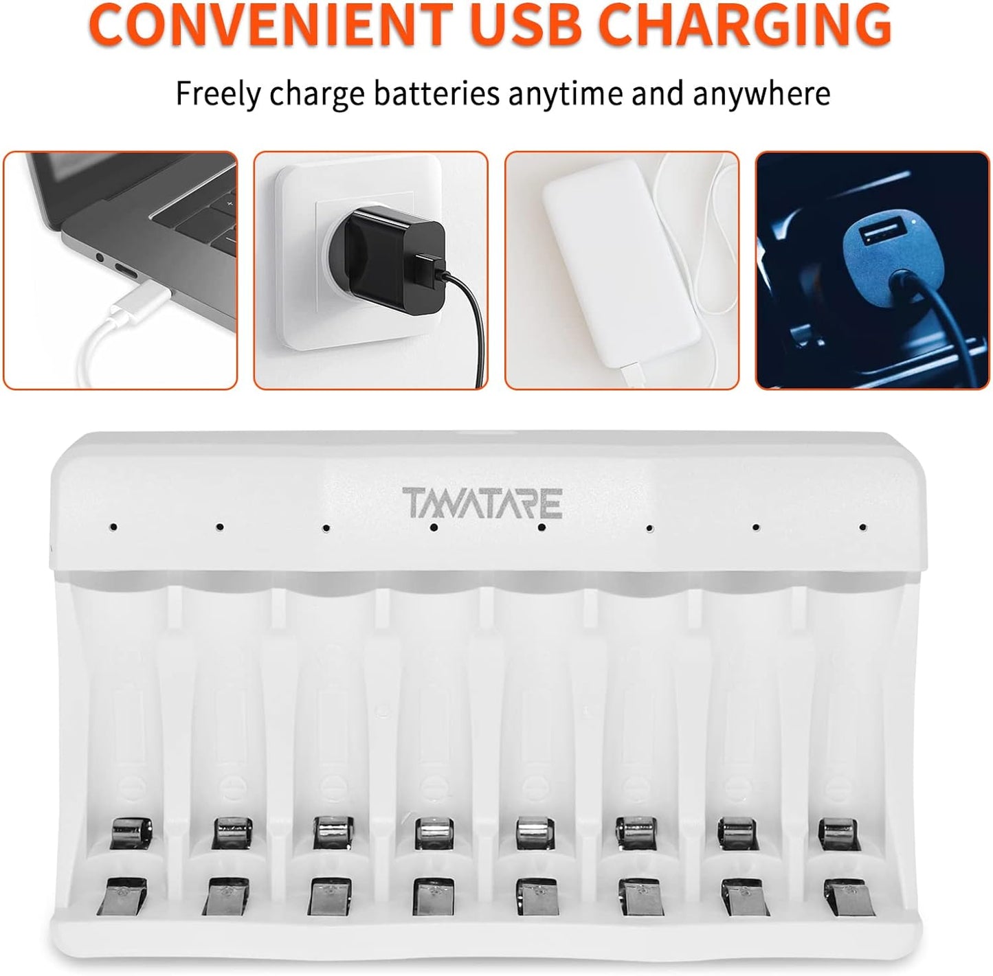 Tanatare AA AAA Battery Charger with 8 Slots and Type C Input, 5V 2A Individual Fast Charging for Ni-MH Rechargeable Batteries
