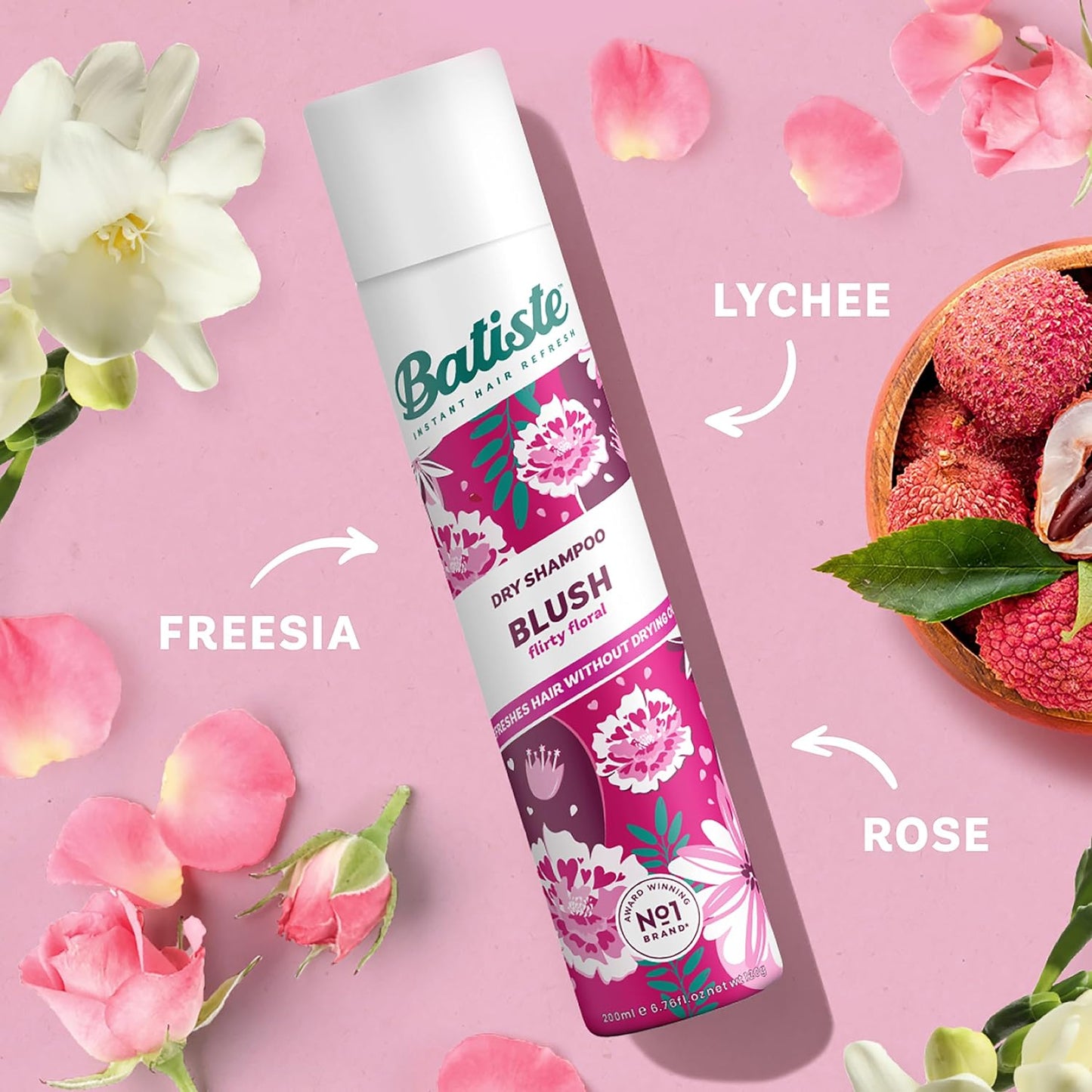 Batiste Dry Shampoo in Blush 200ml, Floral & Flirty Fragrance, No Rinse Spray to Refresh Hair in Between Washes (Packing May Vary)