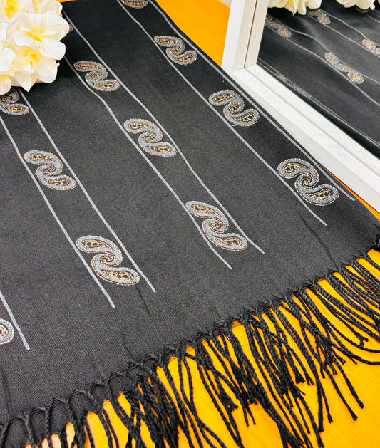 Black with Golden Print Long Hijab New Fashion Design Style 1 pc
