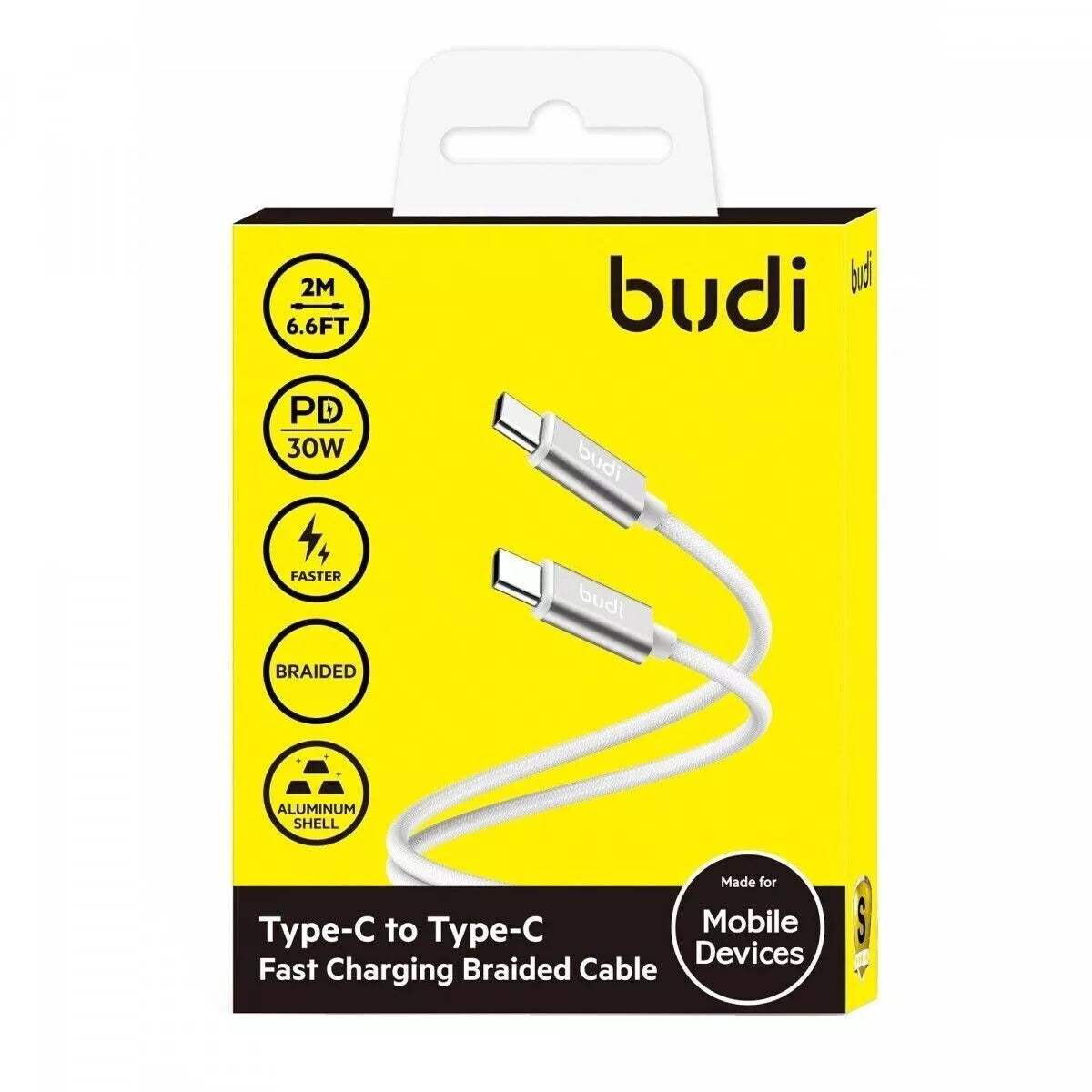 Budi Type-C to C | 2M/6.6FT Fast Charging Braided Cable Aluminium Shell | 30W