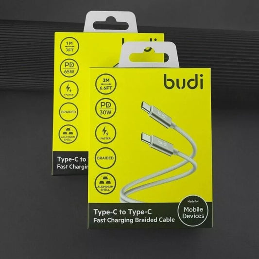 Budi Type-C to C | 2M/6.6FT Fast Charging Braided Cable Aluminium Shell | 30W