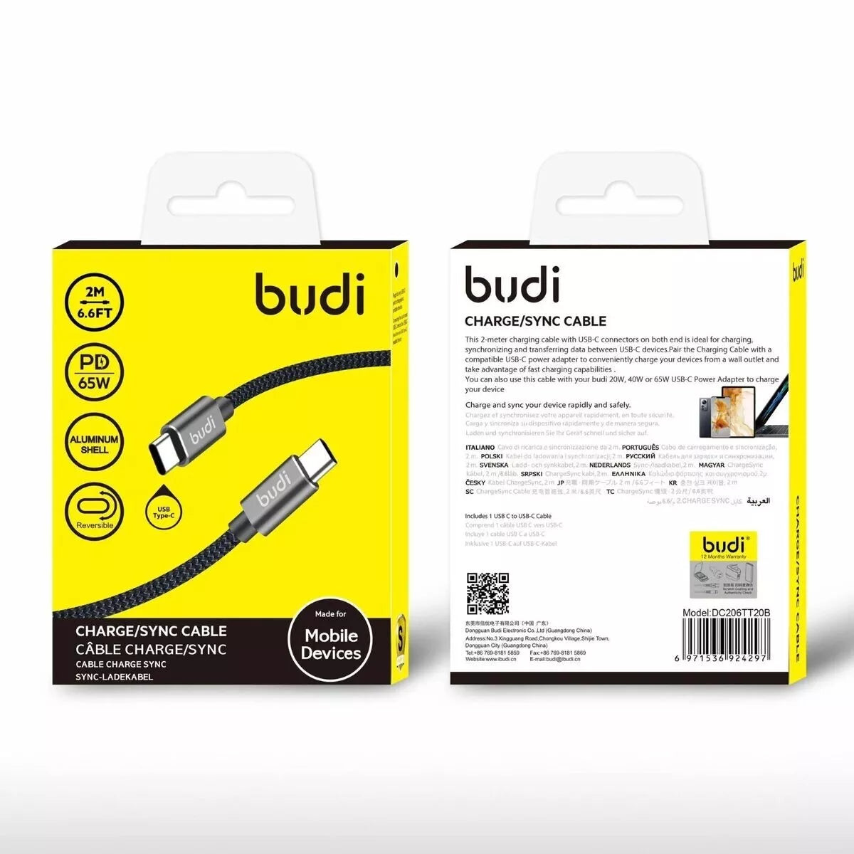 Budi USB-C toUSB-C Reversible Aluminium Shell Braided Cable PD 65W 2M 6.6F Black