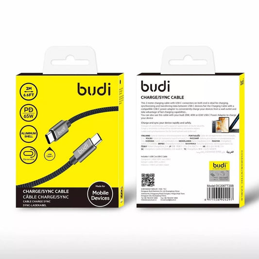 Budi USB-C toUSB-C Reversible Aluminium Shell Braided Cable PD 65W 2M 6.6F Black