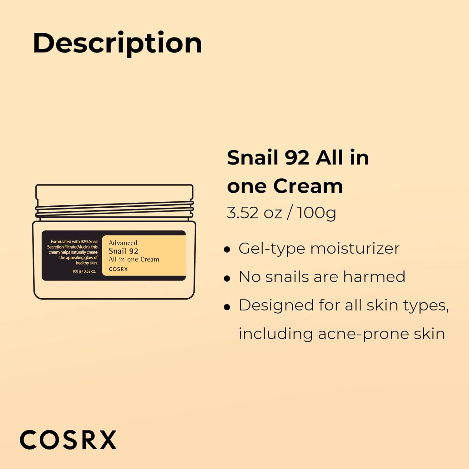 COSRX Advanced Snail 92 All in one Cream, 3.53 oz/100g | Moisturizing Snail Mucin Secretion Filtrate 92% | Facial Moisturiser, Long Lasting, Deep &amp; Intense Hydration, Korean Skin Care