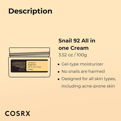 COSRX Advanced Snail 92 All in one Cream, 3.53 oz/100g | Moisturizing Snail Mucin Secretion Filtrate 92% | Facial Moisturiser, Long Lasting, Deep &amp; Intense Hydration, Korean Skin Care