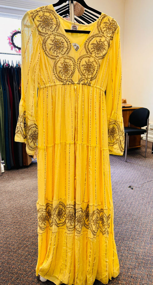 Canary Yellow Cotton Long Dress – Bust 42” | Length 54” | Elastic Waist New Styl