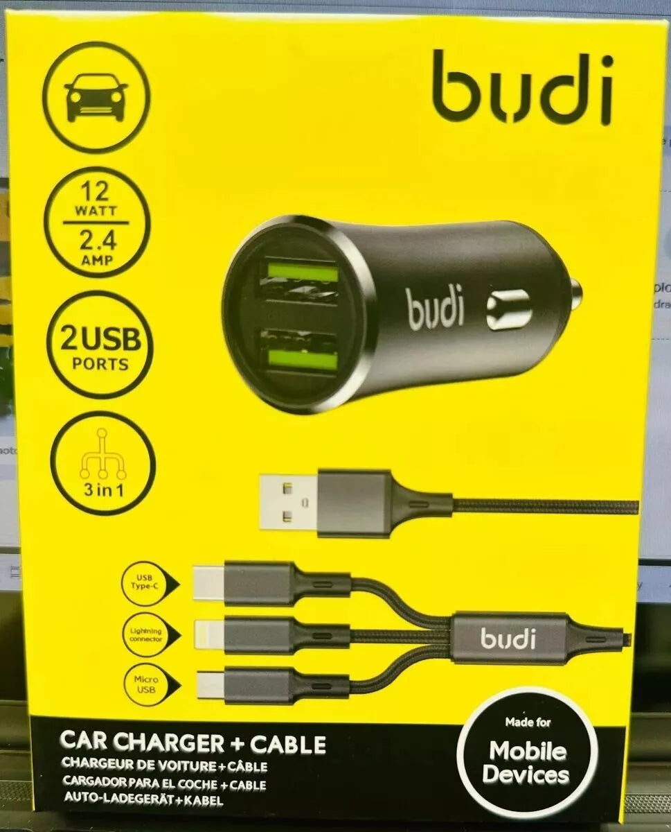 Car Charger + Cable 12 WATT, 2 USB Ports with 3 in 1 Cable 2.4 AMP For Mobile