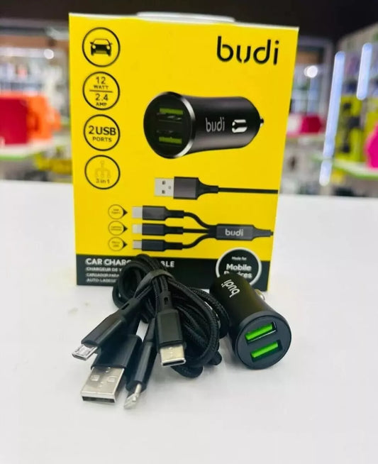 Car Charger + Cable 12 WATT, 2 USB Ports with 3 in 1 Cable 2.4 AMP For Mobile