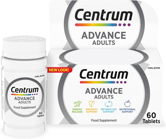 Centrum Advance Multivitamin & Mineral Supplements, 24 essential nutrients including vitamin D, C, Calcium, Daily Multivitamin Tablets, 60 (Packaging and Tablet colour may vary slightly)