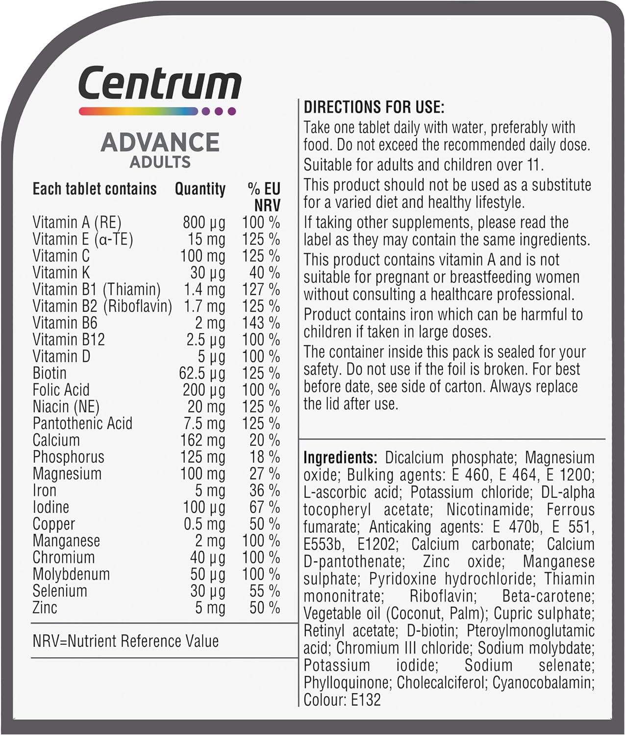 Centrum Advance Multivitamin & Mineral Supplements, 24 essential nutrients including vitamin D, C, Calcium, Daily Multivitamin Tablets, 60 (Packaging and Tablet colour may vary slightly)