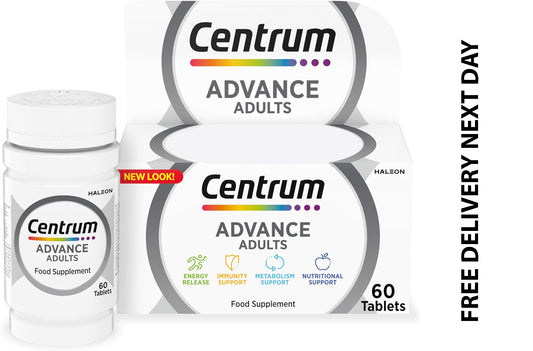 Centrum Advance Multivitamin & Mineral Supplements, 24 essential nutrients including vitamin D, C, Calcium, Daily Multivitamin Tablets, 60 (Packaging and Tablet colour may vary slightly)