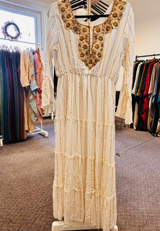 Cornsilk White Cotton Long Dress – Bust 44” | Length 50” | Elastic Waist | Long Dress