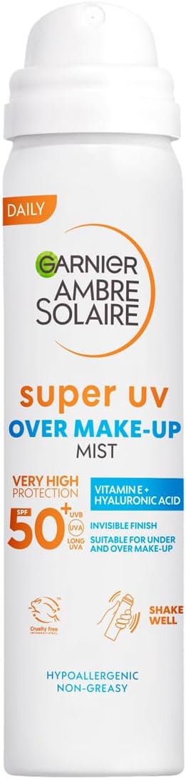 Garnier Ambre Solaire Sun Protection Over Makeup, Non-Greasy + Lightweight, Hyaluronic Acid, Protection Mist SPF50, Super UV, 75ml