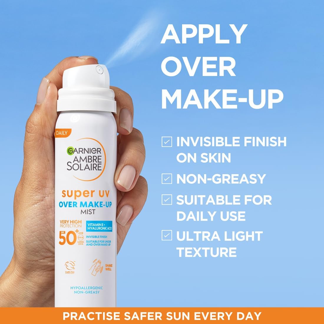 Garnier Ambre Solaire Sun Protection Over Makeup, Non-Greasy + Lightweight, Hyaluronic Acid, Protection Mist SPF50, Super UV, 75ml