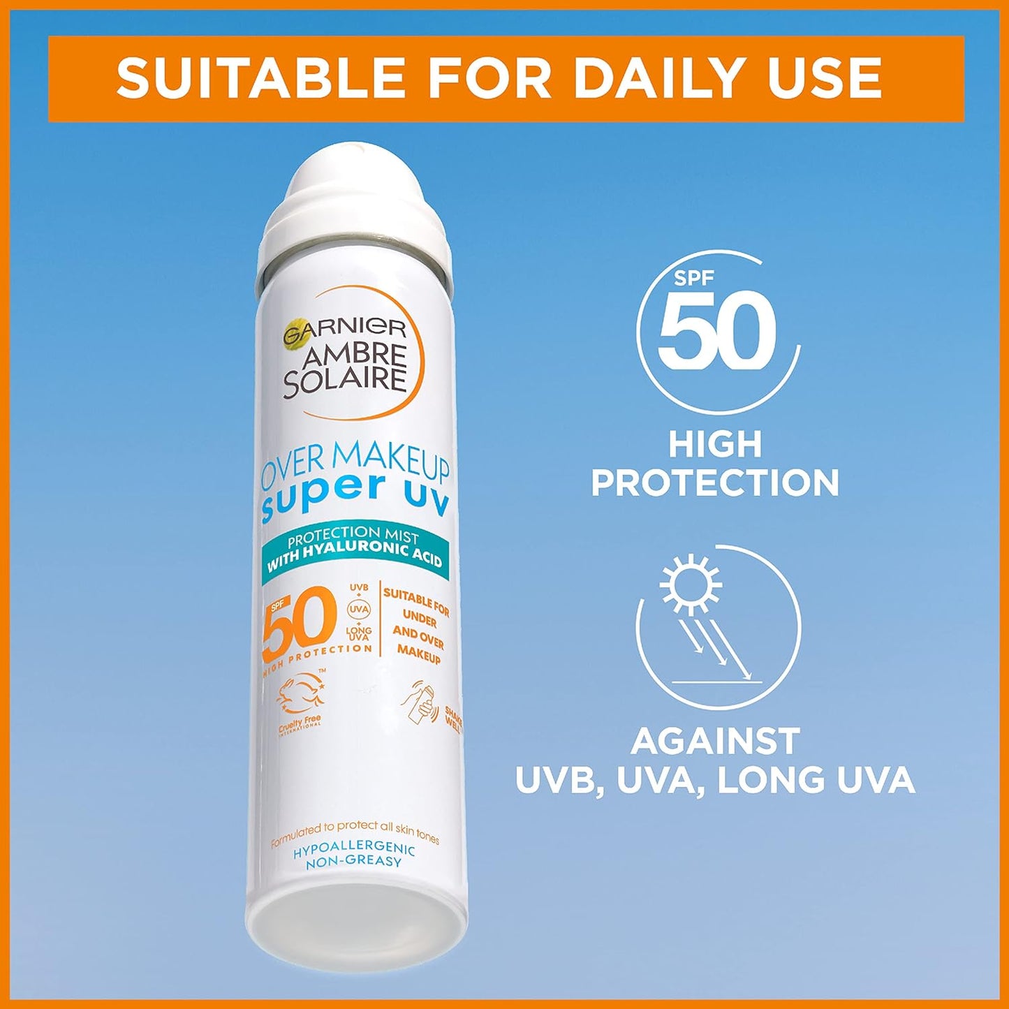 Garnier Ambre Solaire Sun Protection Over Makeup, Non-Greasy + Lightweight, Hyaluronic Acid, Protection Mist SPF50, Super UV, 75ml