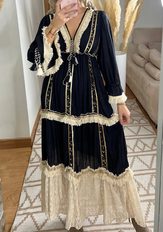 Boho dress with exquisite hand-embroidered, Boho Essence Maxi Summer Long Dress