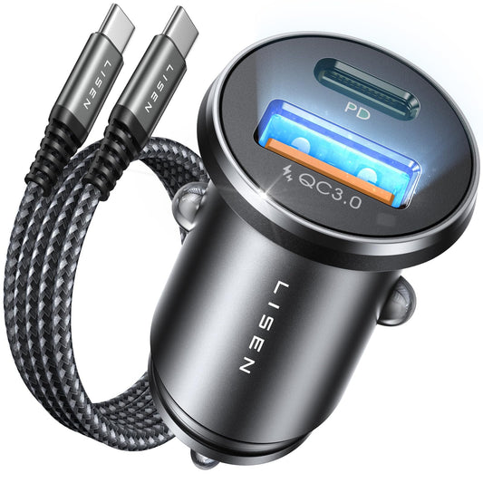 ISEN Car Charger Adapter USB C 54W 12V USB Socket with 60W 3.3ft USB C Cable Car Phone Fast Charge Cigarette Lighter USB for iPhone Samsung