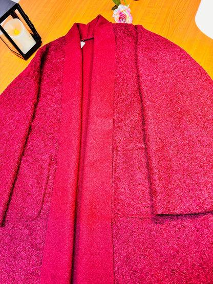 Premium Long Wool-Textured Raspberry Maroon Koti for Women | Elegant Winter Layer